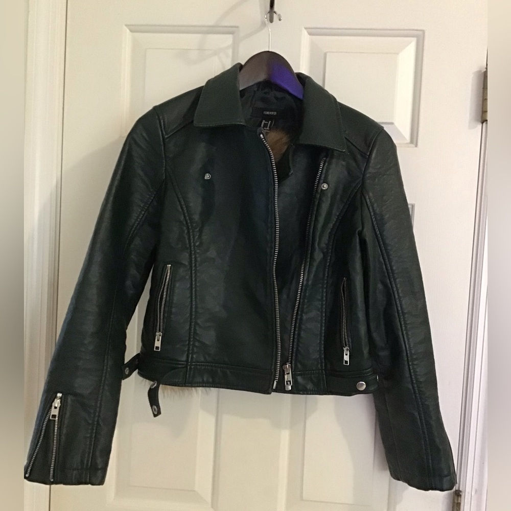 Forever 21 faux leather green jacket